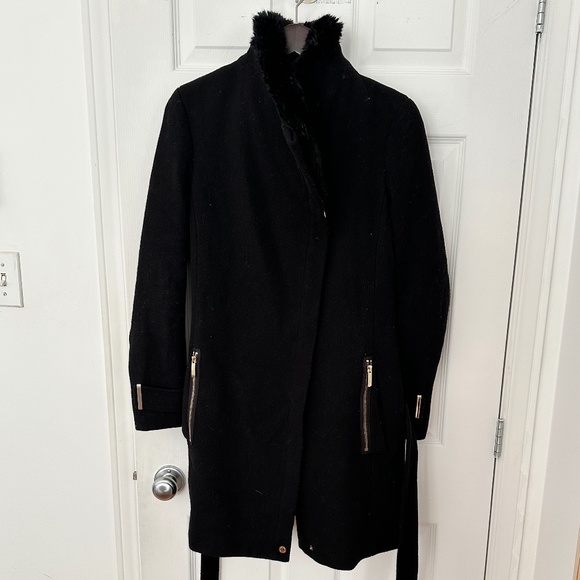 Calvin Klein | Wool Blend Belted Coat | Black | Size 6 - Picture 2 of 7